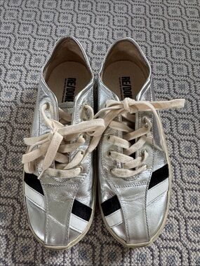 Re/Done Silver Sneakers with Black & White Stripe Detail